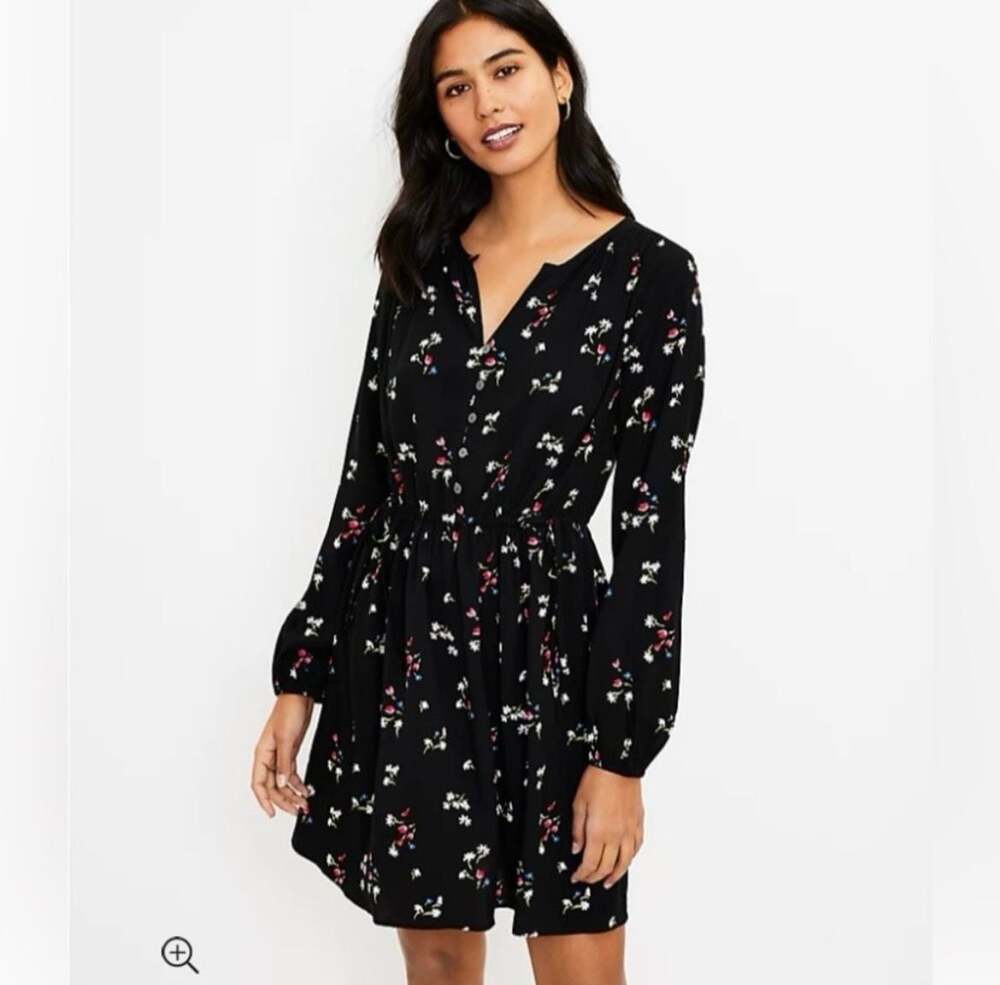 LOFT 90s Black Floral Print Button Side Tie Mini Dress Size SP